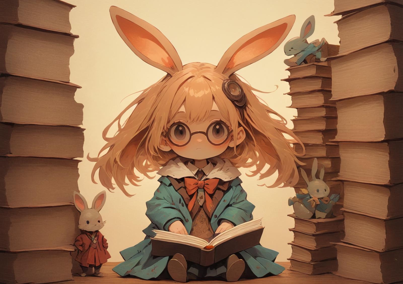 A Girl Reading a Book while Surrounded by Bunnies and Books