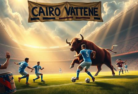 In a grand, celestial stadium filled with roaring clouds and beams of golden light, Diego Maradona, Gigi Meroni, and Valentino Mazzola are locked in an intense soccer match. Maradona, in his iconic blue Argentine jersey, moves with unmatched skill, while Meroni, in his Torino kit, dribbles with flair, and Mazzola, wearing his vintage Torino captain’s armband, commands the game with authority. The stadium is packed with a heavenly crowd, but among them are rowdy, ghostly hooligans waving scarves, shouting passionately, and banging drums, their chants echoing through the ethereal air.
A massive, burgundy bull stands just outside the field, snorting aggressively, its muscular form glowing in the light, representing raw energy and strength. Its presence adds tension, as if symbolizing the ferocity of the sport and the fans.
Above the stands, a large, hand-painted cardboard sign hangs—‘CAIRO VATTENE’—the black letters uneven and bold, echoing the frustration of fans. The hooligans, rowdy and vocal, chant in support, waving banners and flags, creating an atmosphere of protest within this heavenly arena.
The players remain focused, sweat beading on their faces, as if this match is just as critical as any they played in life. The mix of celestial beauty, the intense energy of the hooligans, the looming bull, and the rebellious protest sign creates a scene of passion, sport, and defiance