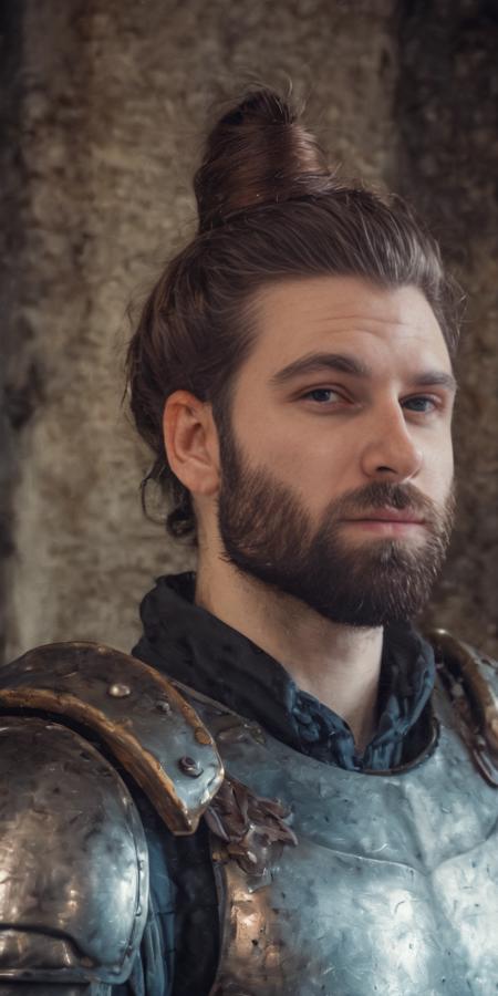WakeWilder  <lora:WakeWilderSDXL1.2:1.1> 
Raw photo, 8k, highly detailed,  man bun, beard, looking at the viewer, dressed as a paladin knight, silver armor, medieval armor, metal reflections, wall mounted torch, stone wall, well lit, cinematic lighting, sharp focus