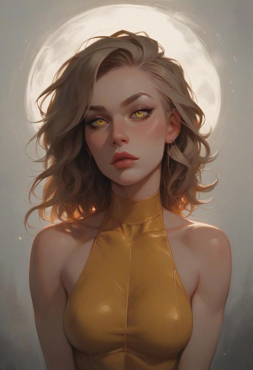 (8k resolution, score_9, score_8_up, score_7_up, absolute masterpiece, best quality, ultra detailed), upper body portrait of a seductive blonde woman with short wavy hair. (yellow eyes:1.3), standing with her shoulders pushed back, arching her back to emphasize her petite perky chest, arms down with her hands resting on her slim waist. Large hips. She wears a tight, glossy yellow outfit with exposed shoulders and a low neckline, revealing her petite and perky breasts. Behind her, a stormy sky rumbles with dark clouds and flashes of lightning, casting dramatic lighting that highlights the shine of her outfit. Her expression is alluring, her posture exuding confidence, as the energy of the storm crackles around her.