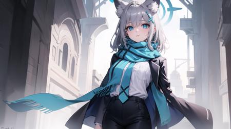 1girl, shiroko, halo, animal ears, animal ear fluff, grey hair, medium hair, hair ornament, blue eyes, mismatched pupils, white shirt, scarf, jacket, necktie<lora:ShirokoBA-v1:1>, expressionless, looking at viewer, standing, <lora:AOVStyle:0.5>