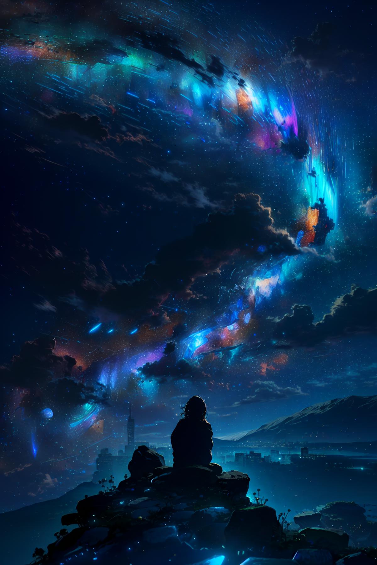 A person sitting under a vivid night sky full of stars and nebulae