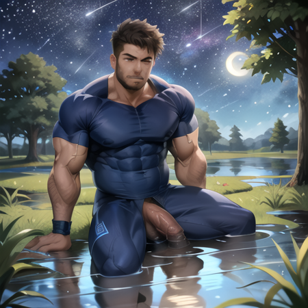 tumos,looking at viewer,penis,swamp, mud, terrifying trees, insects, toads, puddles, starry night, fluorescent flowers,(1boy) ,bara, pectorals, 
 <lora:Bara-15:1>