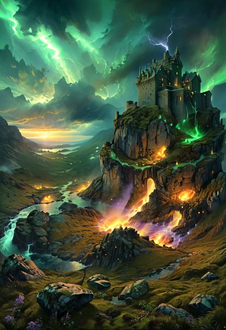 (by Ellen Jewett:1.5), (Bioluminescent Impressionism, Scottish highland  landscape, Flow in the Name of fire* *Channel_42* *中* *Broadcasting* *Artificially_Atypically_Autistically* *Magnetic**Synesthesia* *lightning*, The Dreamland, green earth, heather, sky sunset, sunrise ,waterfall, great castle on a crag, Crag, highland mountains, ethereal landscapes, depth of field, biotech emotion:1.3) <lora:xl_more_art-full_v1:0.5> <lora:add-detail-xl:1> <lora:RMSDXL_Creative:2>*Channel_42* ral-wlfnte, PEAnimeBG, scenery