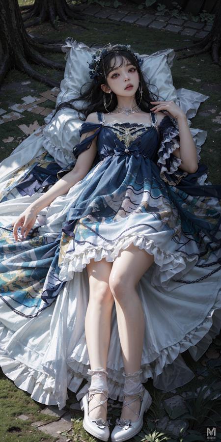 best quality, ultra high res, (photorealistic:1.4), masterpiece, highres, original, extremely detailed wallpaper, 
lawn, sky, 
1girl, solo, bzyyzg \(manaka nemu\), blue dress, 
full body, fetal position,