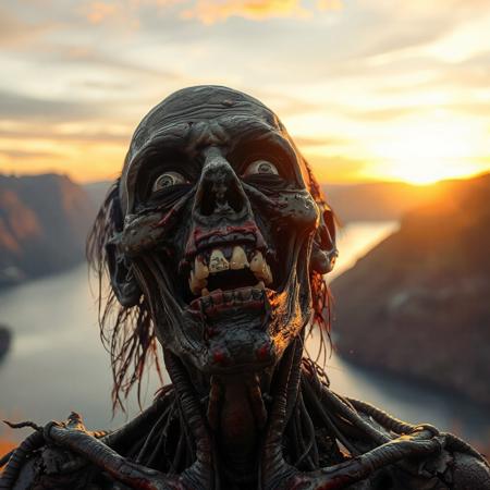 Movie still featuring a rotting zombie smiling peacefully while watching the sunset in a norwegian fjord with an amazing vista, 4k, special fx, cgi, walking dead