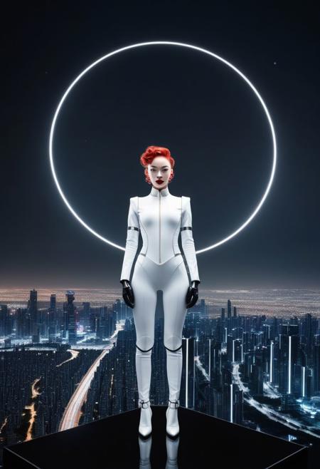 a giant black circle in bold lines intersected by a thick lines held up in hands,  symmetrical symbol,
In the background: ((An enormous city sprawl with a city skyline reaching for the stars,
Aleph Tower, centre for the AI that rules the Human civilization, in a glittering city of glass and shining metal,
   bright sunlight under a pitch black sky.
twice five miles of urban sprawl,
,android woman in a slick suit, white top with thin shoulder straps, mechanical limbs, joints, metal face,( full body portrait:1.5), petite body, fake red hair with flowing curls, pale plastic skin, painted blush on cheeks, red lipstick, proud)),  
Photographer Reuben Wu Style