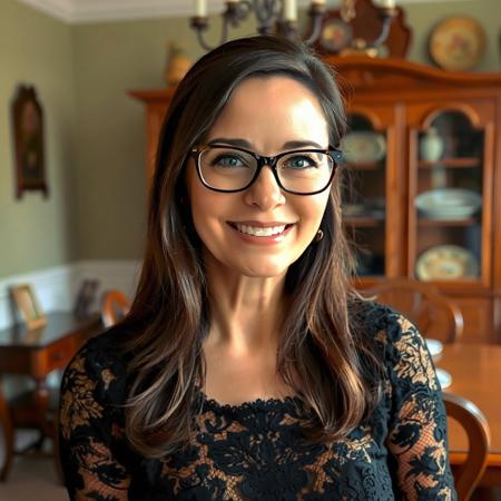 A portrait of an elegant brunette woman with glasses, smiling at the camera in her dining room. She is wearing a black lace dress and has long hair. The background features wooden furniture and vintage decor.