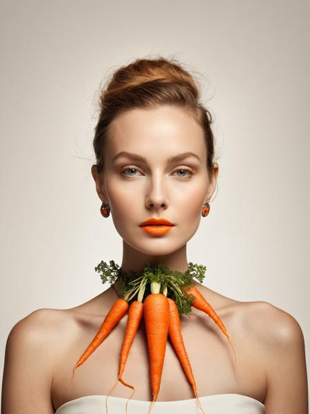 Surrealist art woman wearing a necklace made of carrot, simple background . Dreamlike, mysterious, provocative, symbolic, intricate, detailed