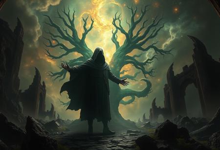 A universe inside a dark cloaked figure within mysterious landscape in an unfathomable realm of fantastic creation inhabited by ancient shadows of a forgotten time beyond the gate of the gateless gate where life is limitless, light is shadow and shadow is light, eerie sense, horror, spark of the beginning, existence and nonexistence at once, ethereal, outstretched arms, behold the end of the beginning, inglorious glory to the dark one, betrayal of the ancient order, beware the 7headed beast, destroyer of the old ways, bearer of the unbearable, nightmarish, archaic runes, tree aging backwards, breath of the gods, ruins of a place unimagined, extreme intricate detail, photorealistic, beyond epic scene, fate discarded, unseeable face of god, the end is the beginning, the beginning is the end, man arises as god dies, as above so below, as below so above, emerald tablet, thoth, guardian and saboteur of existence, hopeless hope, ghosts of the unborn, conception of the inconceivable, cosmic well of imperceptible perception, evil aura, infinite emptiness, pillars of void, overwhelming subtlety, abstract sacred geometry, beams of readiness without intention, gift of doom, despair of the ages, hidden secret warnings from dead gods, hand carved by the conductor of unholy loneliness with the sands of time incarnate, farewell her majesty of the least high