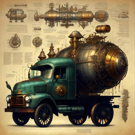 <lora:SteampunkSchematicsv2-000009:1> SteampunkSchematics complicated  truck