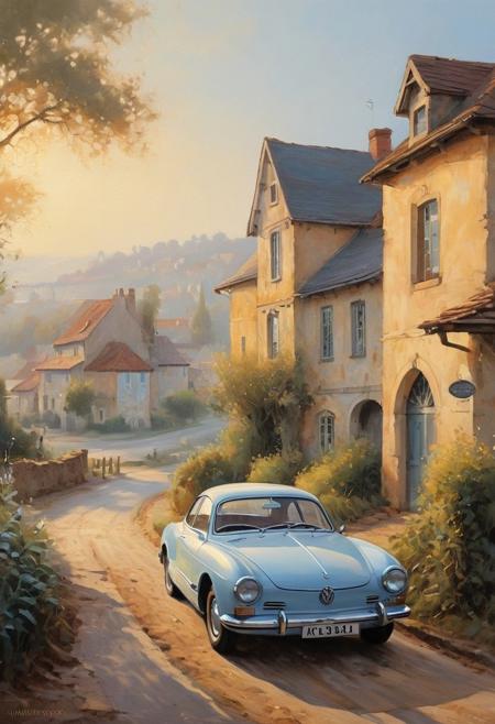 WhiteMold, painting of an historic city corner, a pale blue Volkswagen Karman Ghia is parked along the path, A village in the background, soft painterly landscape, ethereal mist, golden morning light, impressionistic brushstrokes, serene atmosphere, muted earthy tones, delicate color transitions, harmonious composition, organic forms blending with nature, dreamlike realism