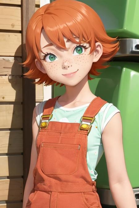 1girl, sxfrances, short hair, orange hair, green eyes, freckles, red overalls, blue_shirt, smile, solo, looking at viewer <lora:frances-v2:0.6>