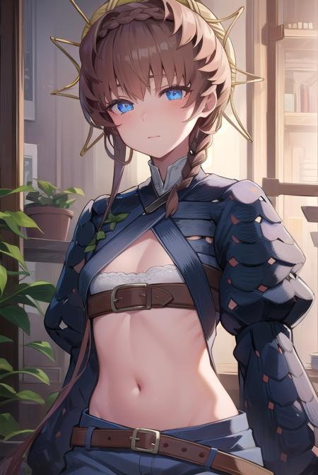 van gogh, blue eyes, braid, brown hair, crown braid, side braid, belt, black sleeves, blue overalls, buckle, clothing cutout, flower, navel, navel cutout, orange headwear, overalls, puffy sleeves, striped, striped headwear, sunflower, zipper pull tab,