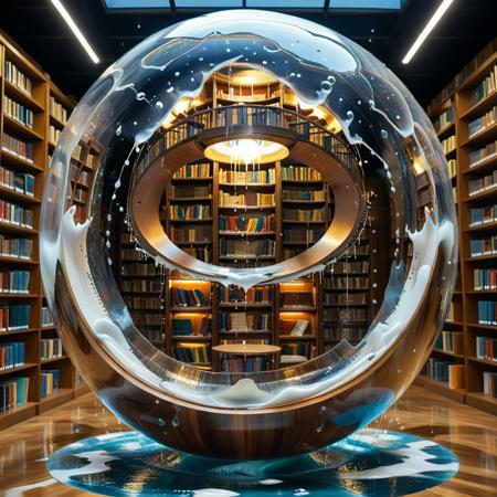 a library spiraling within a liquid sphere shaped like a falling tear, bookcases mounted on concentric rings of floating platforms, ink flowing visibly through transparent veins along the walls, central node projecting memories as glowing droplets, tearStyle2