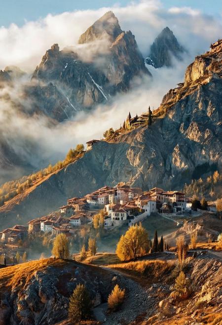 their peaks veiled in mist. mixed media, surrealism, great lighting, A surreal landscape highly detailed . extremely high-resolution details,  appears trapped in an optical illusion of reflections and refractions colorful , mountains and village in Turkey, professional photography, natural lighting, volumetric lighting maximalist. intricately detailed, complex, elegant, expansive, fantastical, film photography style,  medium grain