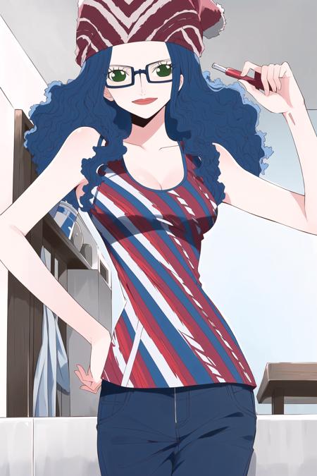 (masterpiece), (best quality), zala_onepiece, 1girl, solo, long hair, breasts, smile, large breasts, curly hair, hat, cleavage, medium breasts, green eyes, blue hair, glasses, hand on hip, tank top, lipstick