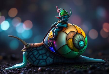 a tiny goblin jockey riding on the back of a giant snail, neon reins,the snail's shell is made of stained glass, slime trail, neon bokeh, in the style of a fantasy painting
