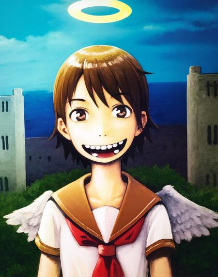 masterpiece, best quality, 1girl, angel wings, brown eyes, brown hair, haibane renmei, halo, rakka, sailor collar, school uniform,  <lora:my_LoRA_rakka_v2:0.7>  lozhkin, big smile, accurate teeth with gaps <lora:lozhkin_V1:0.6>