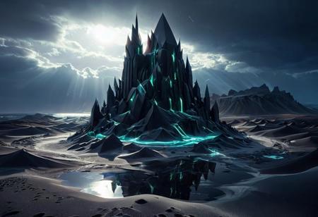 Concept: Obsidian Fantasy Art, Luminous Obsidian Landscape, Swirling Obsidian Desert, Dark Crystal Vortex.
Elements: massive obsidian sandstorm, giant obsidian vortex, ObsidianSand dunes, glowing obsidian fragments, ancient obsidian structure, crystalline tower, dark desert, sharp edges, reflective surfaces, powerful energy.
Effects: ethereal light arcs, prismatic glow, kaleidoscopic vitality, trembling shadows, light refraction, vibrant aura, shimmering particles, light trails, deep reflections, glowing cracks (in structure), dynamic light.
Colors/Hues: dominant deep black, charcoal, dark grey, silver, contrasted with electric blue, vibrant violet, emerald green, fiery red, pure white light (for glow), shifting hues, iridescent, sharp metallic reflections.
Background: vast obsidian desert, jagged mountains, stormy sky, moonlit night, abstract cosmic elements (subtle).
Style: dark fantasy art, epic fantasy, ethereal landscape, cinematic lighting, highly detailed, dramatic composition, conceptual art, professional illustration.