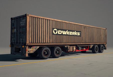 1 vehicle, 
cyberpunk   industrial trailer. large wheels. Cargo containers on wheels. 
Logo label "BDwerks®" written on the side nothing else written.