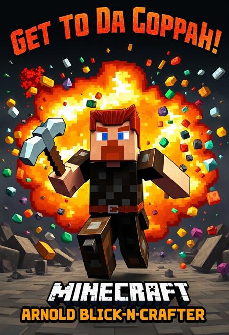 "Blocky, pixelated image in the style of Minecraft. The scene is an intense action sequence featuring a character with the likeness of Arnold Schwarzenegger, dressed in a Minecraft-inspired outfit. The character is holding a trusty diamond pickaxe and is being propelled forward by a massive explosion in the background. The explosion is filled with numerous different ores from Minecraft, including diamond ore, redstone ore, iron ore, emerald ore, and gold ore, all of which are scattered throughout the blast. The character's face is set in a determined expression as they yell the phrase "Get To Da Coppah!" which is displayed at the top of the image in bold, copper-colored letters. The character's name, "Arnold Blockz-n-Crafter", is displayed at the bottom of the image in a similar font. The explosion is the main focus of the image, with flames and smoke billowing out in all directions. The character is positioned in the foreground, with the explosion behind them, and the ores from the explosion scattered all around them. Style: blocky, pixelated, and action-packed, with a focus on capturing the intensity and excitement of the scene. The image should be reminiscent of a Minecraft screenshot, but with a humorous and over-the-top twist."