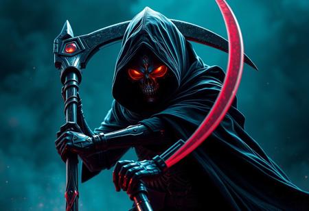 Cyborg Grim Reaper in black cloak swinging scythe. Chronomaly Crystal Skull face, intense red glowing eyes. Dynamic pose, dramatic ominous lighting, dark fantasy. Cinematic, Octane Render, Unreal Engine 5 pro, trending on Artstation, CGSociety. High-res 4K, super detailed, impeccable composition, Golden Ratio, Splash Ink illustration, matte painting, sharp focus.