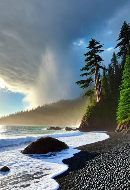 a photograph of a beach on the Pacific northwest coast, rocky pebble beach, a large looming evergreen cedar Forrest looming, the ocean is vibrant and crashing, deep vivid blues and greens, the sky is grey and clouds are heavy the sun is radiating however cutting through a break in the thick looming storm clouds, epic, realism, photo-realism, highest quailty, highest detail, professional, landscape, nature