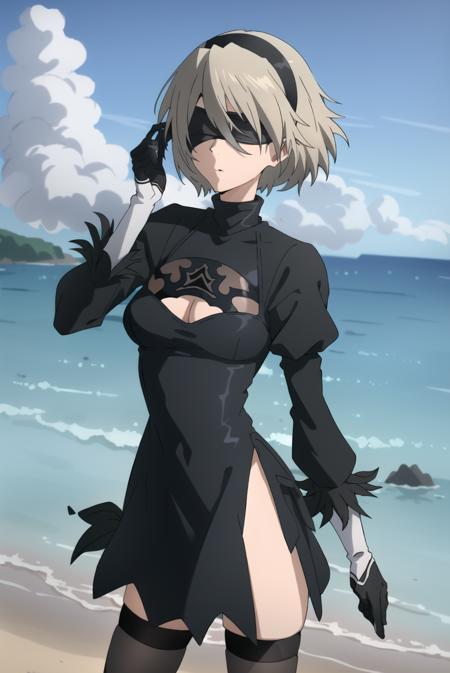 rebuild style, yorha no. 2 type b, white hair, 1girl, black blindfold, black dress, black hairband, blindfold, covered eyes, debris, dress, feather-trimmed sleeves, gloves, hairband, juliet sleeves, long sleeves, puffy sleeves, thighhighs, beach, water, cowboy shot, <lora:2bNierAutomataLora_v2b:0.9>, <lora:rebuildOfEvangelion_v4b-26:0.65>,