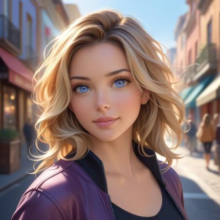 A realistic portrait of a young woman with light wavy blonde hair, styled in a voluminous, slightly messy fashion. She has bright, expressive blue eyes with natural makeup, featuring soft blush and subtle eyeliner. She wears a stylish, dark purple jacket with zipper details, open to reveal a casual, low-cut black top underneath. The setting is an urban street scene on a clear, sunny day, with soft natural light illuminating her face and casting gentle shadows. The background is subtly blurred to create depth, showing storefronts and a city street out of focus. The image is framed to capture her from the shoulders up, centering her face with a balanced, slightly warm color palette that adds vibrancy to her features.
flechera, realistic