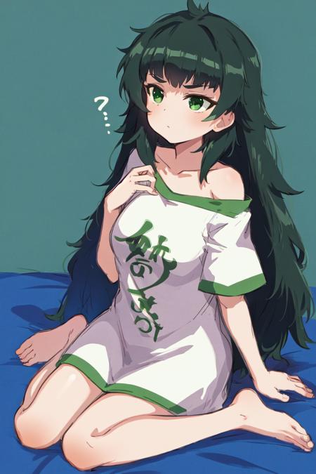 best quality, masterpiece, 1girl, solo, maho, messy hair, full body, green eyes, dark green hair, wariza, t-shirt, white shirt, off shoulder, bottomless,