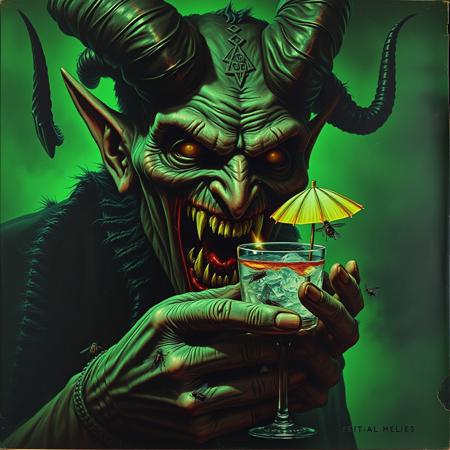 Grotesque, hellish album cover featuring a revolting closeup of Satans's face, inspired by the dark, gothic style of Helge C. Balzer and the eerie, supernatural atmosphere of Zdzisław Beksiński. Satan's face is contorted in a mixture of ecstasy and admiration as he cradles a delicious umbrella drink attracting flies. The green color scheme is reminiscent of decay and despair, with death metal vibes and a hint of grime and filth, evoking the style of brutal, old-school death metal album covers, similar to those created by artist Chris Reifert, with a dash of the dark, unsettling aesthetic of Ed Repka, color overlay, green glow, ghastly and frightening, low contrast