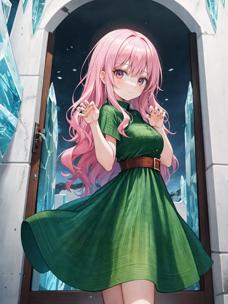 best quality, amazing intricate, cute girl, round eyes, medium breast,
sullen, pink hair, claw pose, at an ice hotel,
looking at viewer,
long hair, cornrows,
,
,
,
(wavy hair:1.2),
,
,
from side,
cowboy shot,
green dress,
flowing dress,
plaid dress,
spring