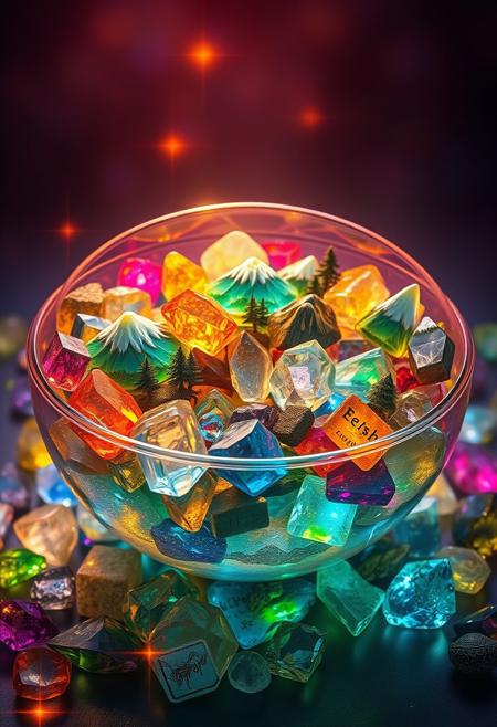 "Bowl overflowing with radiant, glowing jewels and gems, each containing a miniature, self-contained landscape within its depths. Tiny mountains, oceans, forests, and skies are suspended within the stones, as if the essence of the earth has been distilled into these tiny, shimmering worlds. The bowl is a treasure trove of tiny, intricate ecosystems, each one a perfect, glowing miniature of the natural world. Style: vibrant, detailed, and highly realistic, with an emphasis on capturing the breathtaking beauty of the tiny landscapes within the jewels."