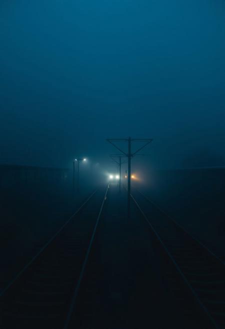 "A still, hauntingly beautiful evening train station, bathed in deep blue hues and thick, slow-moving fog. The camera lingers motionless above the tracks, capturing the eerie stillness—only the faint glow of distant station lights piercing the mist. Suddenly, a slow, ghostly movement: a single train arrives silently, its headlights cutting through the fog like dim searchlights. The air shimmers with floating particles, and the scene feels frozen in time, yet alive with tension. No people, no loud sounds—just the quiet hum of machinery and the occasional creak of metal. Cinematic, 4K, 35mm film grain, muted colors, surreal and dreamlike."
