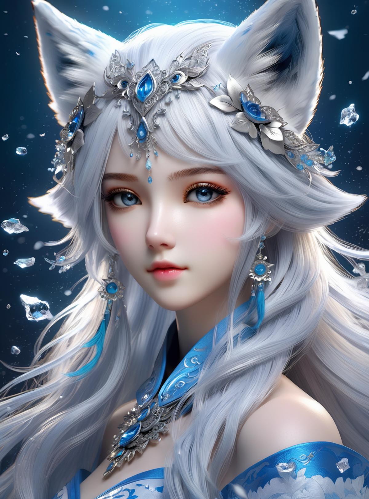 Artistic Anime Illustration of a White-Haired Girl with Blue Eyes and a Crown.