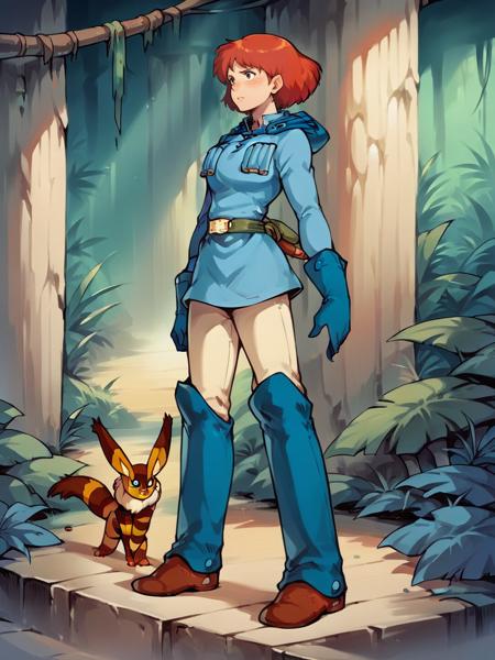 nausicaa, 1girl, red hair, short hair, uniform, gloves, boots,  animal on shoulder