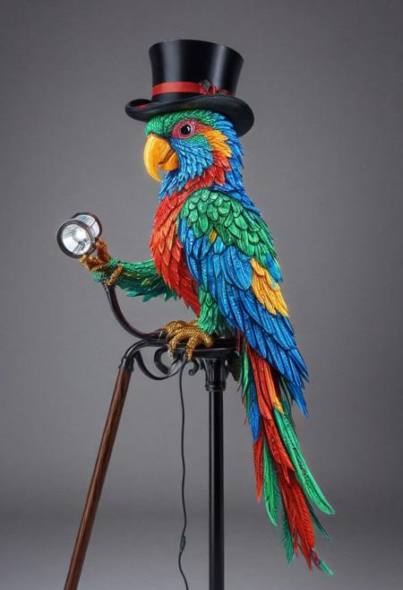 embedding:lazmpos, LED, colorful LED lights, RGB lights, red green and blue parrot, art deco, top hat, cane, monocle,RetroBG