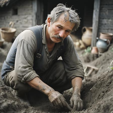 a old medieval farmer digging in the dirt, 1boy, grey hair, mustache,
analogue photography, natural light,
