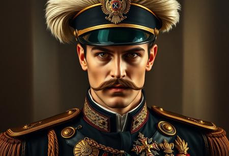 A grand, classical oil painting in the style of Raphael, featuring Infernoble Knight Captain Roland in a richly textured, formal military uniform, showcasing meticulously detailed medals and insignia that speak of timeless honor and rank. He wears a stately, exquisitely plumed hat. His countenance is marked by a refined mustache and an enigmatic epic green visor, his beautiful, detailed eyes meeting the viewer's gaze with a profound, serious expression. The background, though blurred, is rendered with a painterly depth, suggesting an attractive yet understated environment. The overall composition is impeccable, radiating a powerful message and a timeless quality through its balanced editing and intentional focus. This masterpiece is handcrafted with precision, utilizing Houdini Style techniques for complex details and a captivating, almost ethereal lighting. While incorporating the idea of black and white for timelessness, it also embraces rich, harmonious, multi-colored tones typical of Renaissance masters. Presented with high quality, sharp lines, and vivid emotions, embodying a contemporary aesthetic and adhering to the Golden Ratio.
