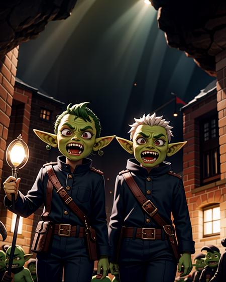 ((masterpiece), best quality, high quality, professional quality, highly detailed, highres, perfect lighting, natural lighting), goblin army, marching, dark cave, weapons drawn, ugly faces, long fangs, wearing ragged clothing, gross, disgusting