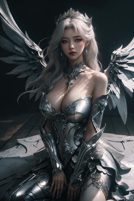 (extremely detailed CG unity 8k wallpaper,masterpiece, best quality, ultra-detailed, beautiful detailed eyes:1.2),best illumination, (best shadow, an extremely delicate and beautiful, bloom),
1 girl,breasts, solo,white hair,cleavage, looking at viewer, barefoot, (bare shoulders:1.4),moon, white wings, angel wings, crescent, blue eyes, hand up, ((gigantic hanging breasts:1.4)),collarbone, jewelry, large breasts, lips, bare legs, earrings, detached sleeves, red lips, fingernails, strapless, parted lips,
Beautiful facial features,Wings,starry sky,full body,Complex decoration,Black Armor,Best quality,masterpiece,upper body shot,close face,looking at the audience,Anime face,2.5D,8k. Strong lighting,light and shadow texture,texture details,With a long sword in hand,