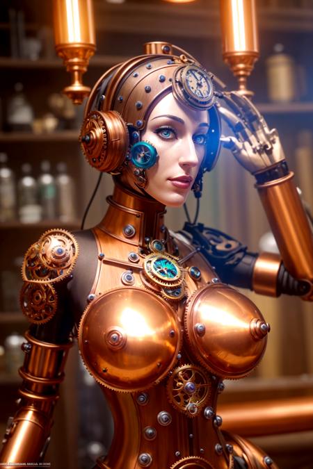 a clockwork (DEN_elle_mechanica:0.8) android made of copper and wood with exposed components, clockwork, geras, cogs, clock, mechanical, robot,
glistening, shiny, lens flare, intricate,
<lora:cyborgbot:0.45>,
photorealistic, high detail, detailed, eyes, masterpiece,