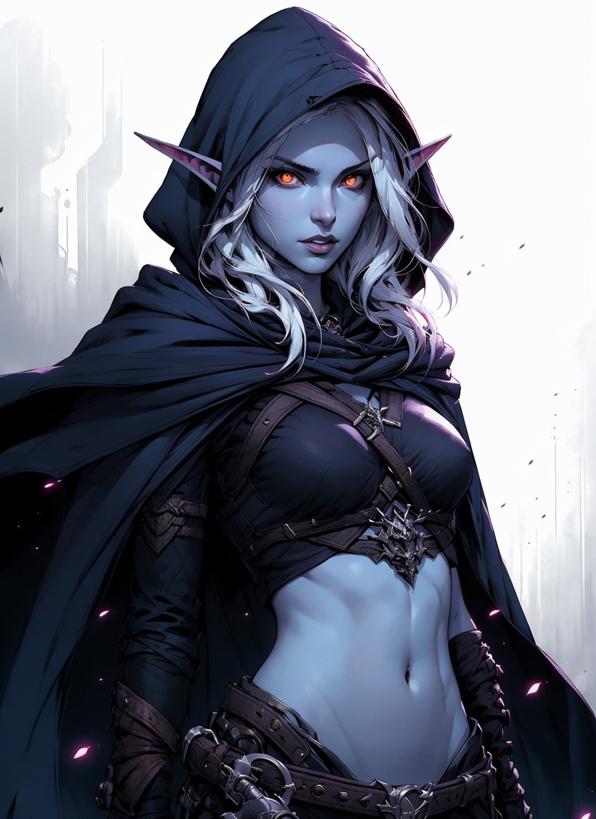 Elf-like character in black and blue attire with red eyes.