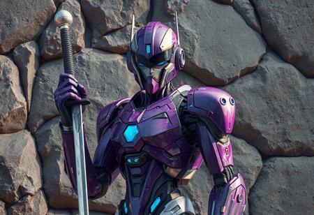 A hyperrealistic digital painting, 8K resolution, rendered in Octane and Unreal Engine 5. Style: Raphael meets Houdini, with a splash ink effect. Subject: A robot-like figure, predominantly purple and gray with blue and white accents, stands against a detailed rocky wall. The robot wears a helmet with a visor; its right hand grips a sword, while its left hand is raised in a dynamic gesture. Lighting: Captivating and dramatic, utilizing a Grammer effect. Composition: Impeccable, utilizing the Golden Ratio, with a creative angle and isometric perspective. Details: Super detailed face, eyes, and clothing; sharp lines and brushstrokes; harmonious, multicolored contemporary aesthetics. Background: A beautifully rendered matte painting of a rocky wall, providing a stark contrast to the robot. Overall mood: A blend of futuristic and fantasy, conveying vivid emotions and a powerful message. Keywords: ArtStation trending, CGSociety, high-res, 4K, exceptional quality, lifelike details, handcrafted precision, stunning colors, dynamic action pose, well-timed moment, hyperrealistic, masterpiece.