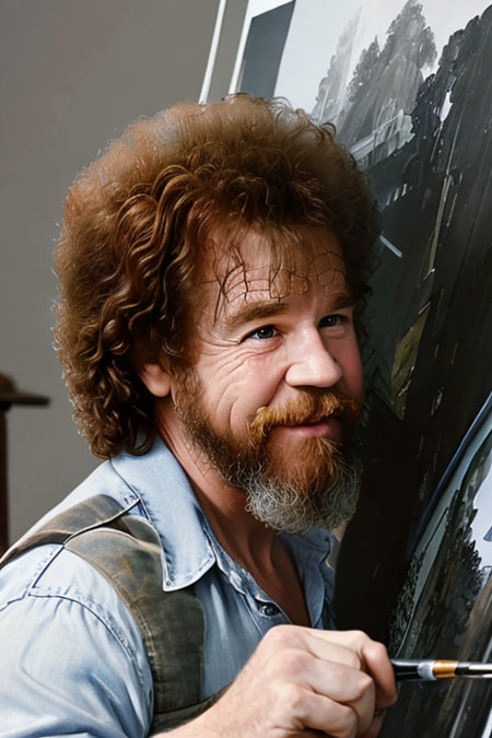 realistic Photography of a man bobross painting a picture, masterpiece, best quality, 4k, studio light, soft ton, massive hair