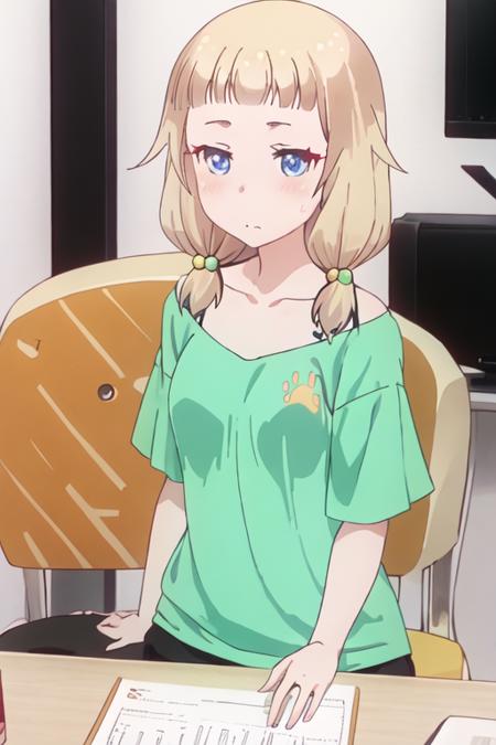 best quality, masterpiece, highres, solo, {sakura_nene_newgame:1.15}, blonde_hair, hair_ornament, hair_bobbles, twintails, blush, blue_eyes, bangs, closed_mouth, low_twintails, 1girl, collarbone, shirt, closed_eyes, green_shirt, upper_body, chair, sitting