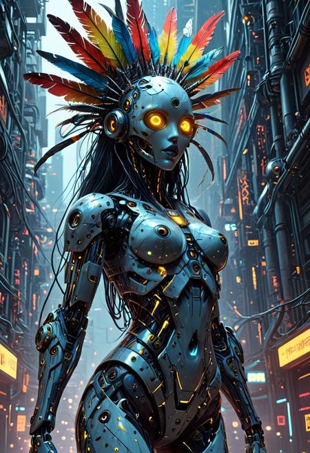 A vibrant, cyberpunk-inspired humanoid figure stands in an urban setting. The figure has a striking, multicolored mask with geometric patterns and large, glowing eyes that emit a soft light. The mask features intricate designs in shades of blue, yellow, red, and white, giving it an otherworldly appearance. The figure's body is adorned with a patchwork of metallic plates and panels, creating a textured, industrial aesthetic. Long, dark hair cascades down its back, complemented by colorful feathers that extend from the headpiece, adding to the futuristic, tribal look. The background hints at a modern cityscape with tall buildings and reflective surfaces, enhancing the cyberpunk atmosphere, mobe-cybideen, DonMM4ch1n3W0rldXL,