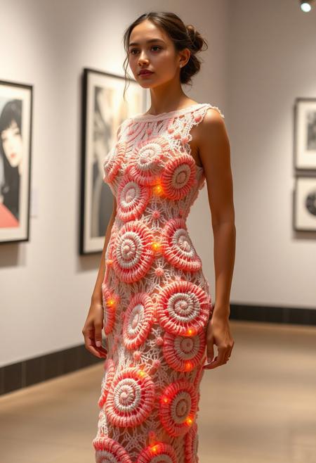 (nubile young woman:1.3), wearing (dress entirely made of knitted spirograph shapes:1.6), (interwoven geometric spirals:1.5), (structural spiral knitting:1.4), (dynamic curves in fabric structure), (delicate spiral patterns forming the dress silhouette:1.3), (soft fabric flow despite intricate structure:1.2), (light and shadow play across spiral knitting:1.2), (vivid gradients along knitted curves), (organic yet symmetrical design:1.3), (soft glowing edges on fabric), (slight movement effect on spirals), (minimal accessories), (elegant, confident pose), (urban art gallery background:1.1), (realism:-1.5), (photorealism:-1.5), (blurry details:-1.3), (flat textures:-1.2), (mutated anatomy:-1.3), (oversaturated lighting:-1.2)