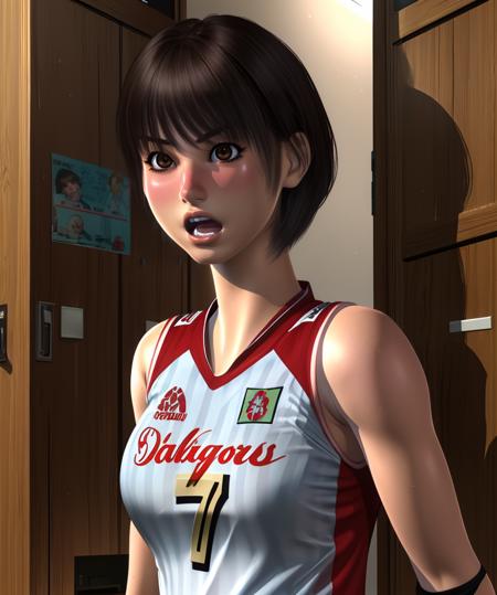 kaori,brown hair,brown eyes,short hair,surprised,
volleyball uniform,sleeveless,number 7,
standing,upper body,
locker room,
(insanely detailed, beautiful detailed face, masterpiece, best quality),solo,<lora:Kaorii-12WW3dcg:0.8>,